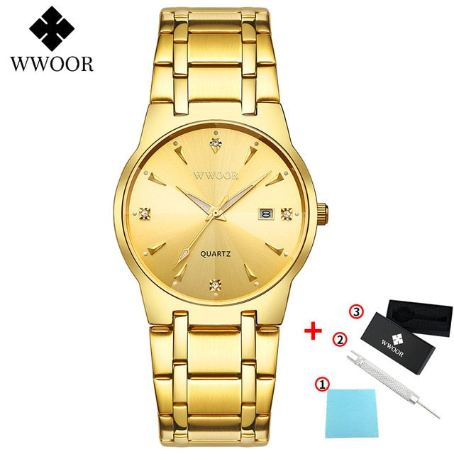 2020 WWOOR Diamond Watches Mens Top Brand Luxury Gold Black Date Quartz Watch For Men Fashion Dress Wrist Watches relojes hombre