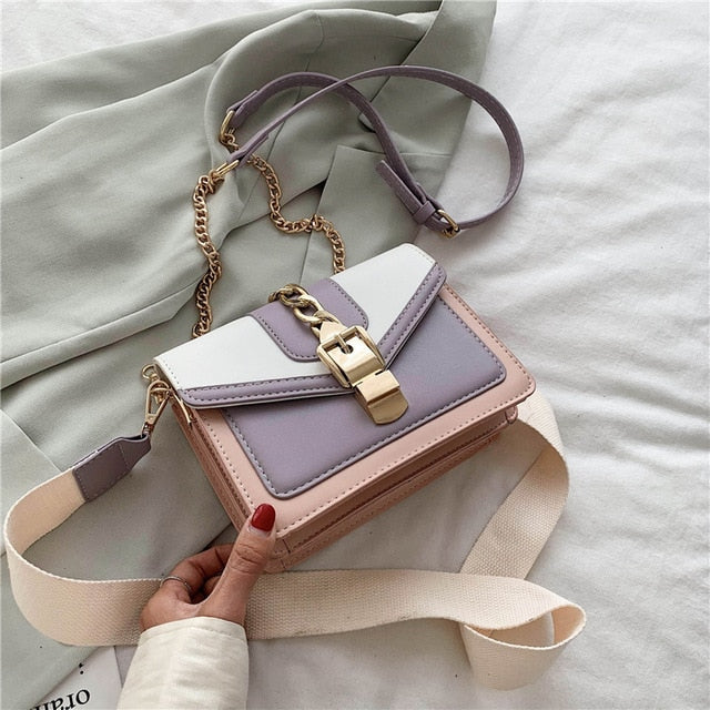 2020 brand fashion popular design ladies contrast color PU leather messenger bag travel small shoulder messenger lady handbag