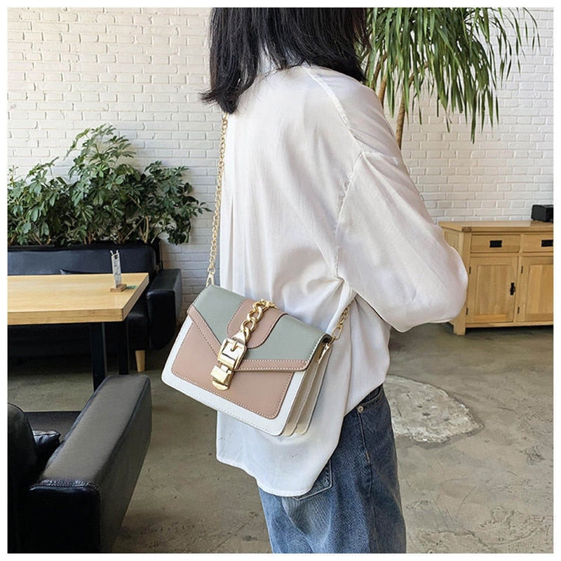 2020 brand fashion popular design ladies contrast color PU leather messenger bag travel small shoulder messenger lady handbag