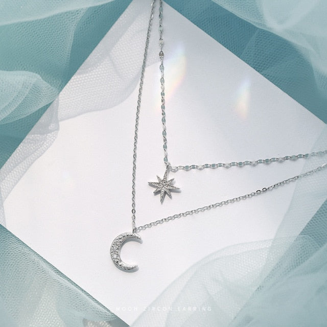 2021 New 925 Sterling Silver Double Layer Star Moon Necklace Women Clavicle Chain Fine Jewelry Party Wedding Accessories