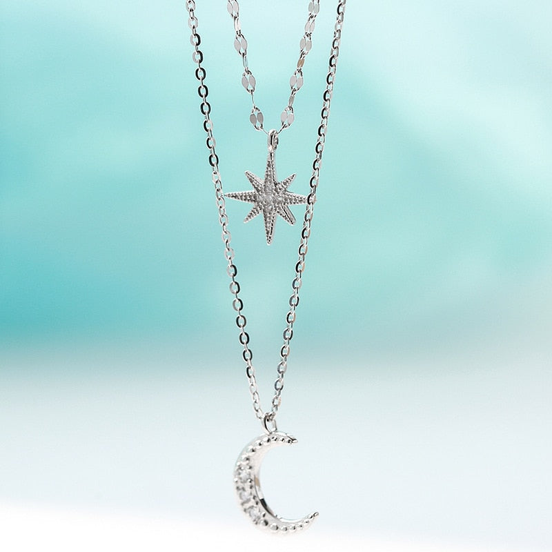 2021 New 925 Sterling Silver Double Layer Star Moon Necklace Women Clavicle Chain Fine Jewelry Party Wedding Accessories