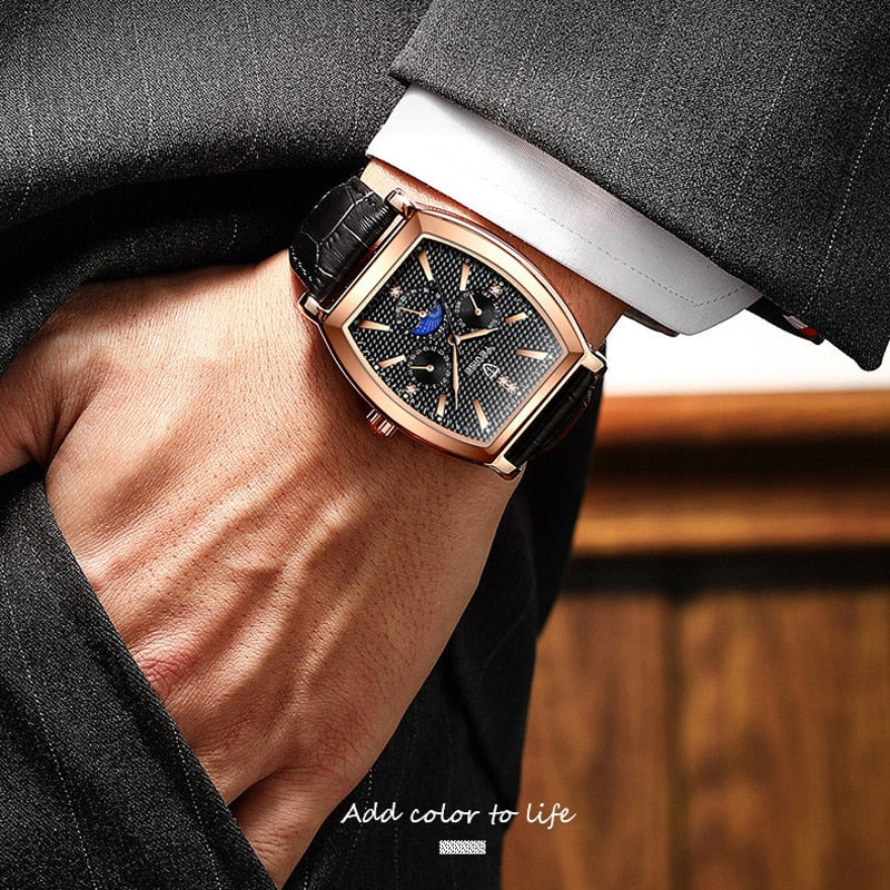 2021 Top Brand Luxury Tonneau Shape Men Sports Watches Black Steel Case Men's Quartz Date Clock Male Waterproof Vintage Watch