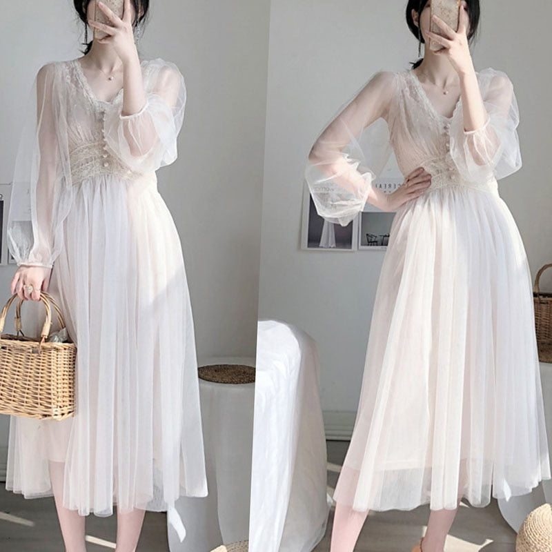 2021 Women Spring Dress Vintage Elegant with Button A-Line Dress Solid Puff Sleeve Lace Voile Mesh Dress Women Vestidos 8126