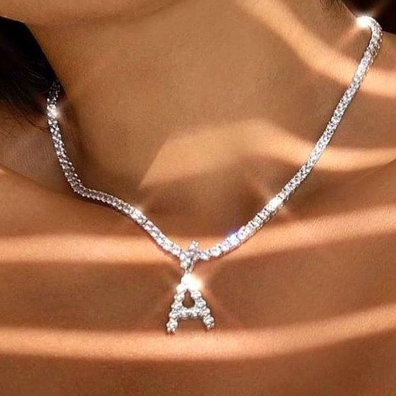 26 Letter Initial Necklace Silver Color Tennis Chain Choker for Women Statement Bling Crystal Alphabet Necklace Collar Jewelry