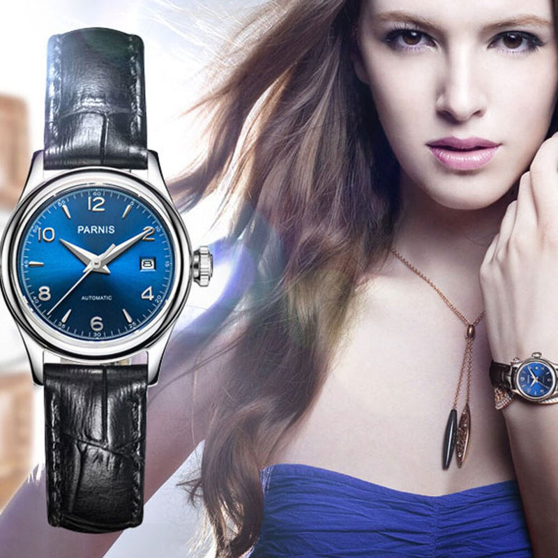 26mm PARNIS Blue dial 21 jewels miyota luminous Date automatic ladys watch