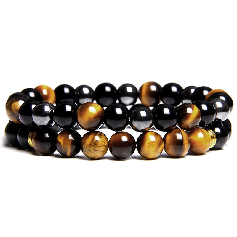 2pcs Men Bracelets Beads Natural Stone Black Onyx&Tiger Eye&Hematite Stone Bracelets for Women Men No Magnetic Bracelet