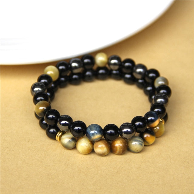 2pcs Men Bracelets Beads Natural Stone Black Onyx&Tiger Eye&Hematite Stone Bracelets for Women Men No Magnetic Bracelet
