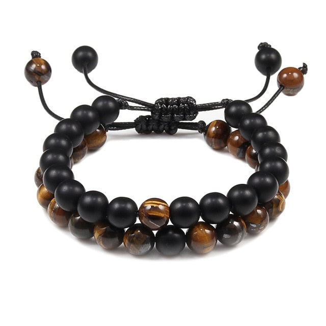 2pcs/set Bead Bracelet Natural Tiger Stone Charm Onyx Beaded Couple Distance Bracelets for Women Men Friend Gift Stretch Jewelry