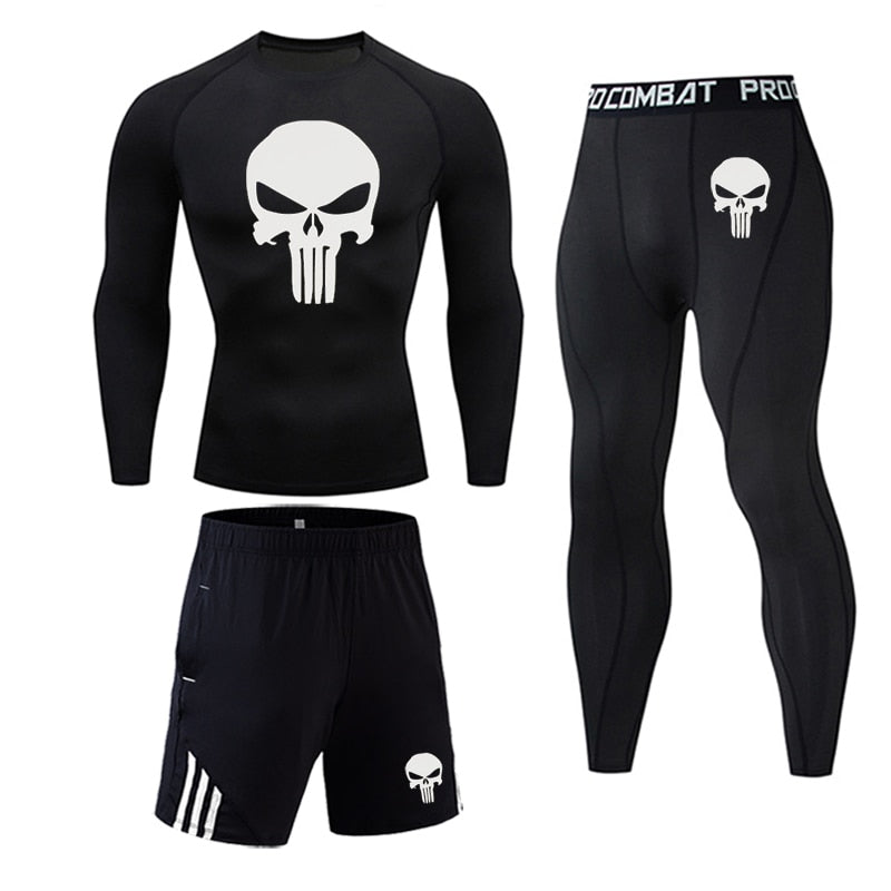 3 Piece Men's Full Suit Tracksuit MMA Tactics winter thermal underwear Skull rashgard Male Compression sport Tights jogging suit