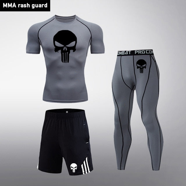 3 Piece Men's Full Suit Tracksuit MMA Tactics winter thermal underwear Skull rashgard Male Compression sport Tights jogging suit