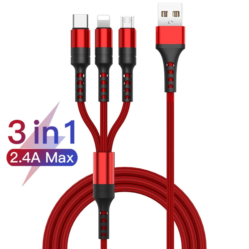 3 in 1 USB Cable for Mobile Phone 2.4A Micro USB Type C Charger Cable for Huawei iPhone 12 11 pro XR XS Max X Fast Charging Cord