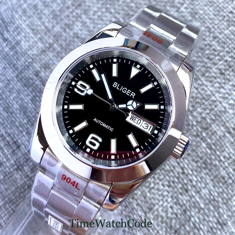 36mm/39mm Sapphire Crystal Automatic Men's Watch NH36a Week Date Black Dial Oyster Bracelet Luminous Polished Case
