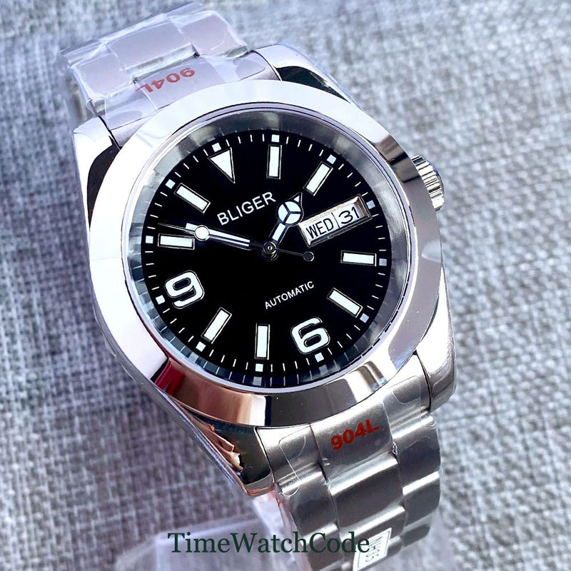 36mm/39mm Sapphire Crystal Automatic Men's Watch NH36a Week Date Black Dial Oyster Bracelet Luminous Polished Case