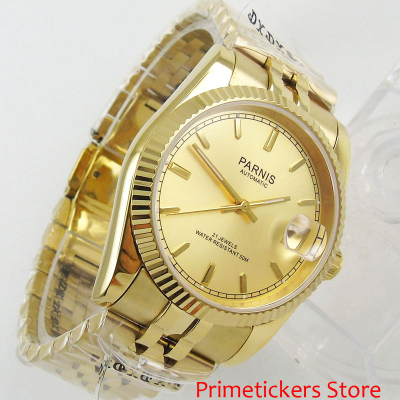 36mm PARNIS Yellow Gold Dial Date 821A Automatic Mens Watch Stainless Steel Strap With Gold Plated