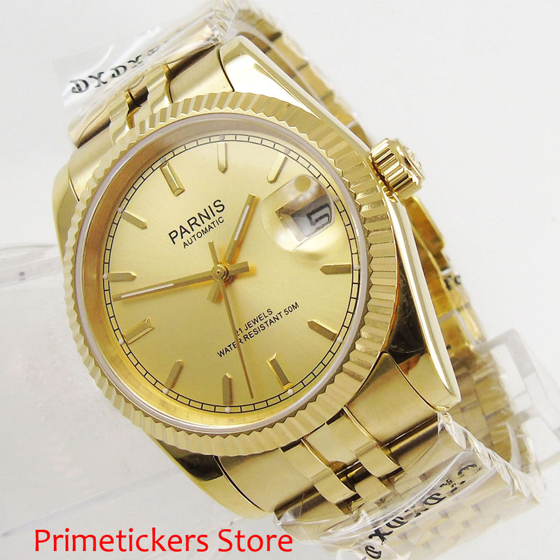 36mm PARNIS Yellow Gold Dial Date 821A Automatic Mens Watch Stainless Steel Strap With Gold Plated