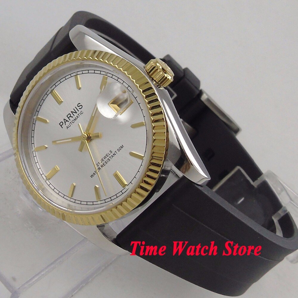 36mm Parnis Miyota 8215 5ATM japan Automatic watch men sapphire glass waterproof gold plated silver dial rubber strap