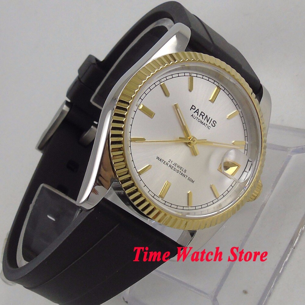 36mm Parnis Miyota 8215 5ATM japan Automatic watch men sapphire glass waterproof gold plated silver dial rubber strap