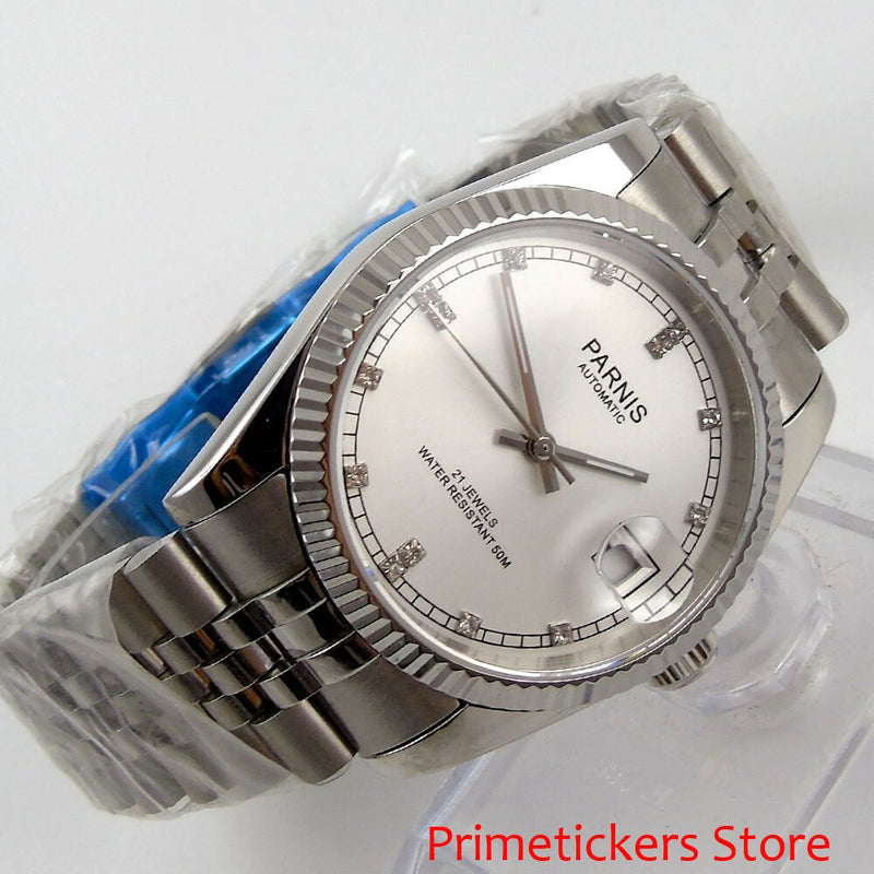 36mm parnis white dial diamond marks automatic mens watch date sapphire glass