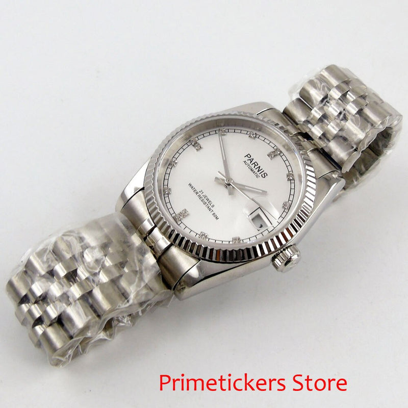 36mm parnis white dial diamond marks automatic mens watch date sapphire glass