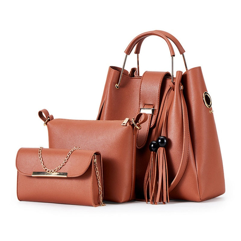 3PCS Composite Bags for Women Bag Sets New PU Leather Shoulder Bags Tassel Handbag Casual Tote Fashion Composite Messenger Bag