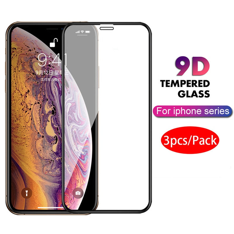 3PCS Tempered Glass For iphone 11 pro X XS max XR Screen Protector 9D Glass For iphone 7 8 6 6s Plus glass Protective Front Film