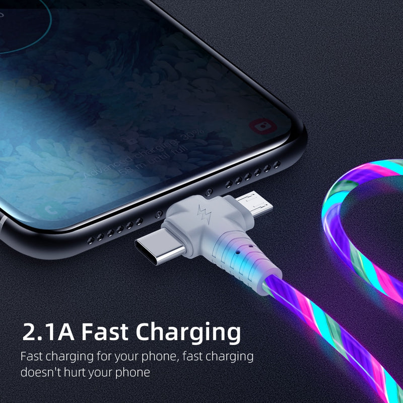 3in1 Flow Luminous Lighting usb cable for Samsung 3 in 1 2in1 LED Micro USB Type C 8Pin charger Wire for iPhone Huawei Xiaomi