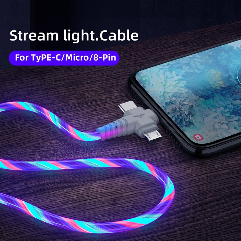 3in1 Flow Luminous Lighting usb cable for Samsung 3 in 1 2in1 LED Micro USB Type C 8Pin charger Wire for iPhone Huawei Xiaomi