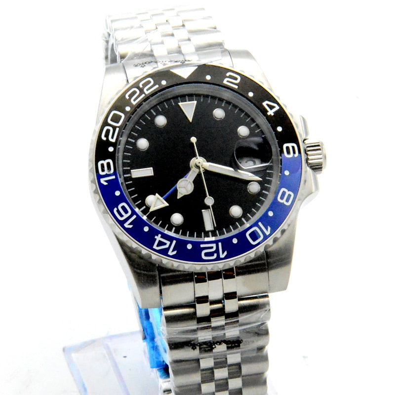 40mm Black Dial Luminous Date GMT Automatic Men's Watch Mechanical Clock Jubilee Strap