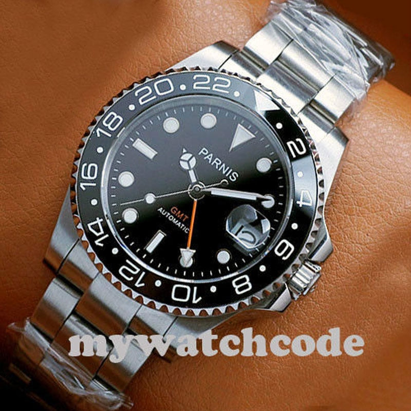 40mm PARNIS Black Dial Luminous Sapphire Glass GMT Automatic Mens Luxury Brand Top Mechanical Watch Relogio Masculino Solid Back