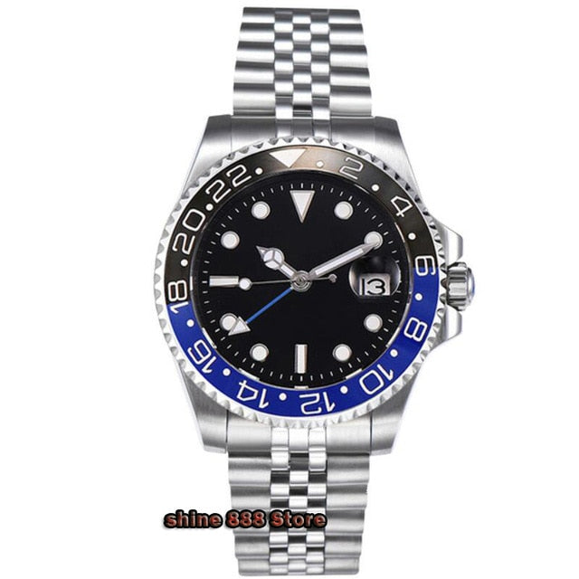 40mm PARNIS black dial Sapphire Crystal GMT Automatic machinery movement luminous men's watches ceramic bezel Mechanical watch