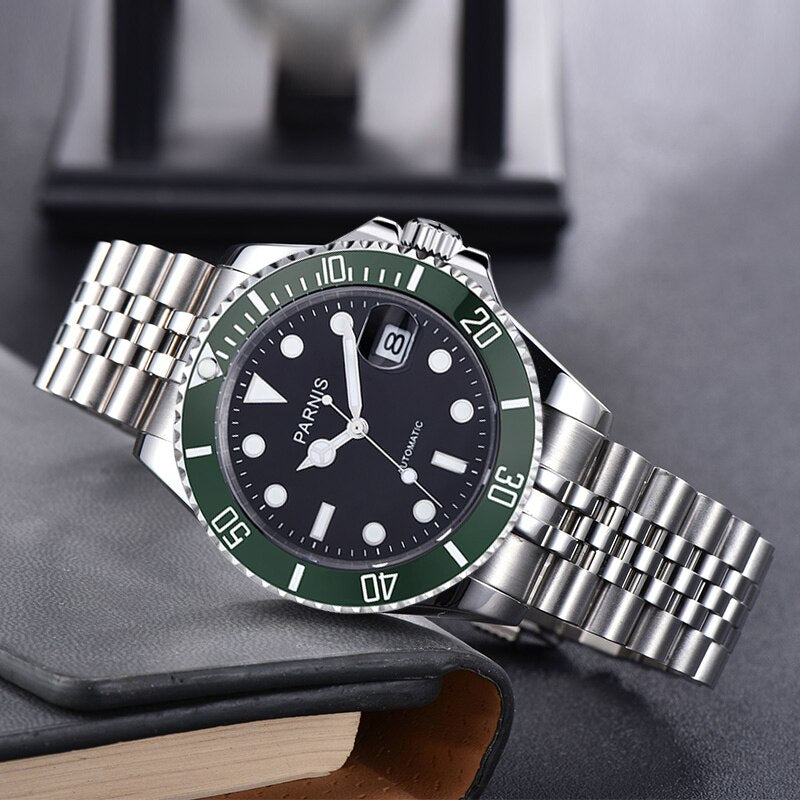 40mm PARNIS sapphire Black dial jubilee Green Ceramic Bezel Sapphire Glass date Miyota 8215 Automatic movement Men's Watch