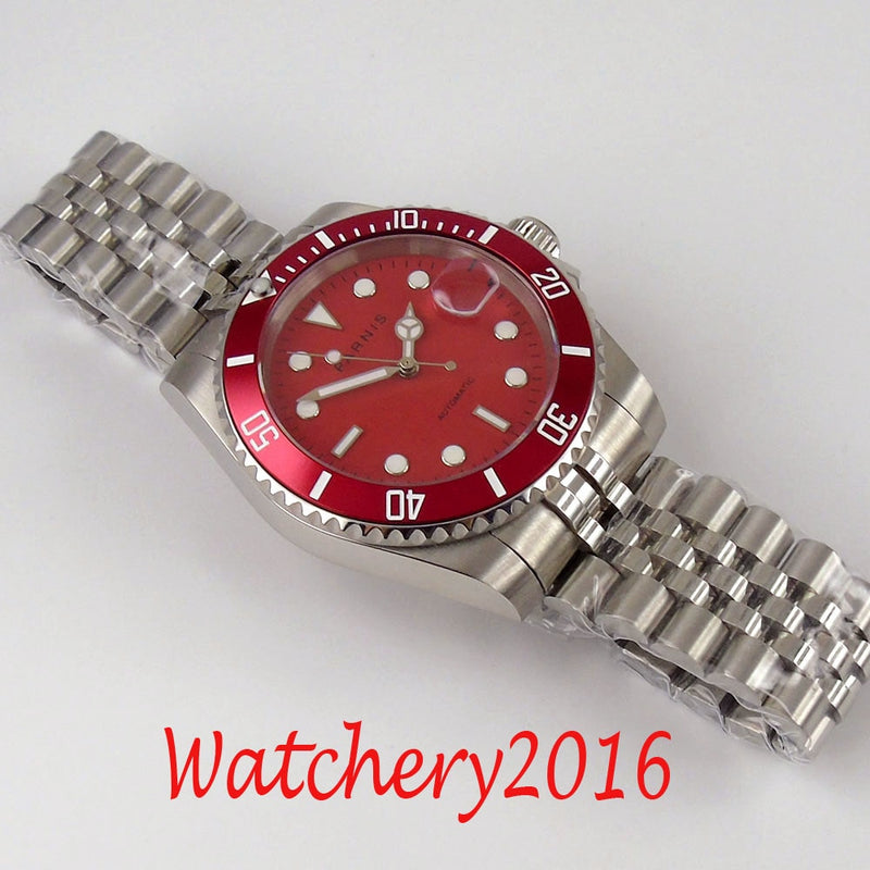 40mm PARNIS sapphire Red dial jubilee Red Ceramic Bezel Sapphire Glass date Miyota 8215 Automatic movement Men's Watch