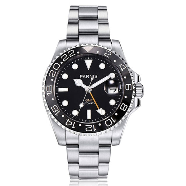 40mm Parnis Mechanical Watches Black Red Bezel GMT Diver Watch Full Stainless Steel Sapphire Automatic movement mens Watch