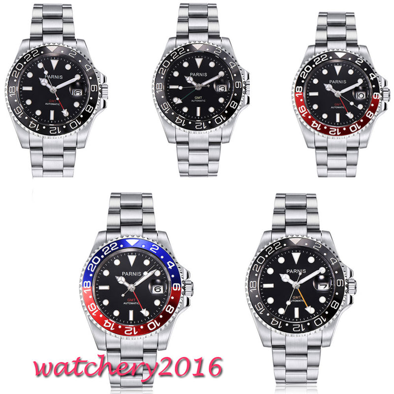 40mm Parnis Mechanical Watches Black Red Bezel GMT Diver Watch Full Stainless Steel Sapphire Automatic movement mens Watch