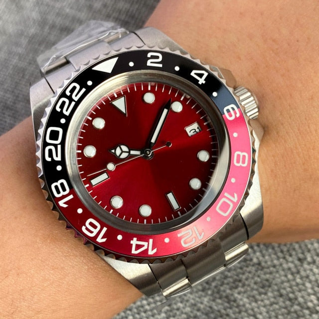 43mm Bliger Red Dial SEA Selfwinding Brushed Case Date Luminous Hand NH35 MIYOTA 8215 PT5000 Automatic Watch Oyster Band