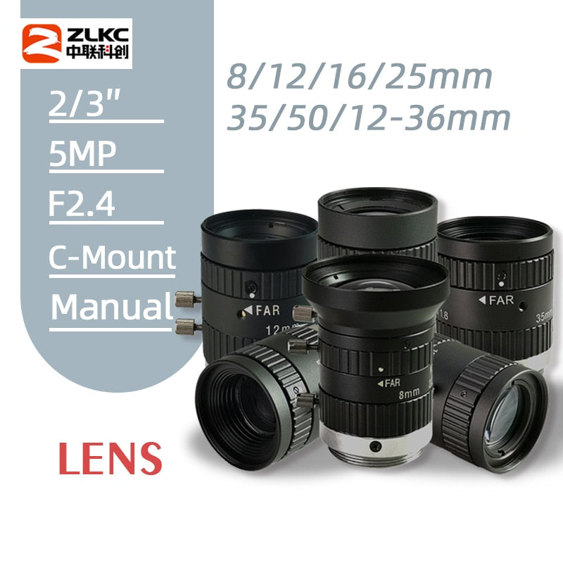 5MP C-Mount lens 8mm12mm16mm25mm35mm50mm HD series 2/3inch FA Machine Vision lenses Industrial camera manual Iris Low distortion