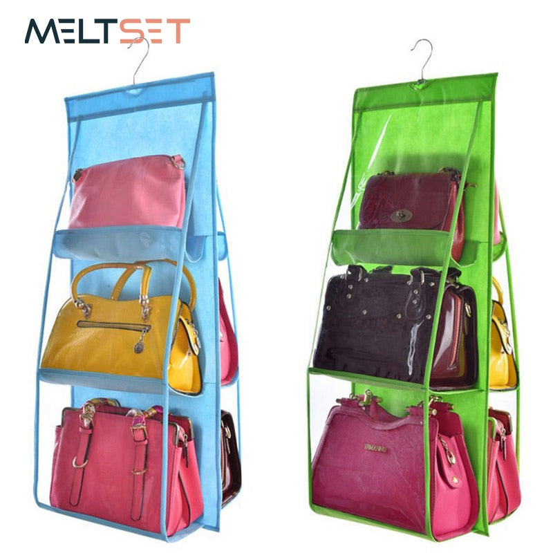 6 Pocket Hanging Handbag Organizer for Wardrobe Closet Transparent Storage Bag Door Wall Clear Sundry Shoe Bag with Hanger Pouch