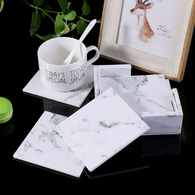 6pcs/set Marble Leather Round Square Drink Coasters Placemat Cup Mat Pad Holder Kitchen Tableware