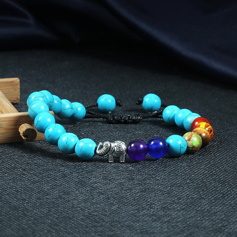 7 Chakra Healing Bracelet 8mm Natural Lava Stone Tiger Eye Elephant Beaded Woven Rope Chain Yoga Bracelets for Men Women Jewelry