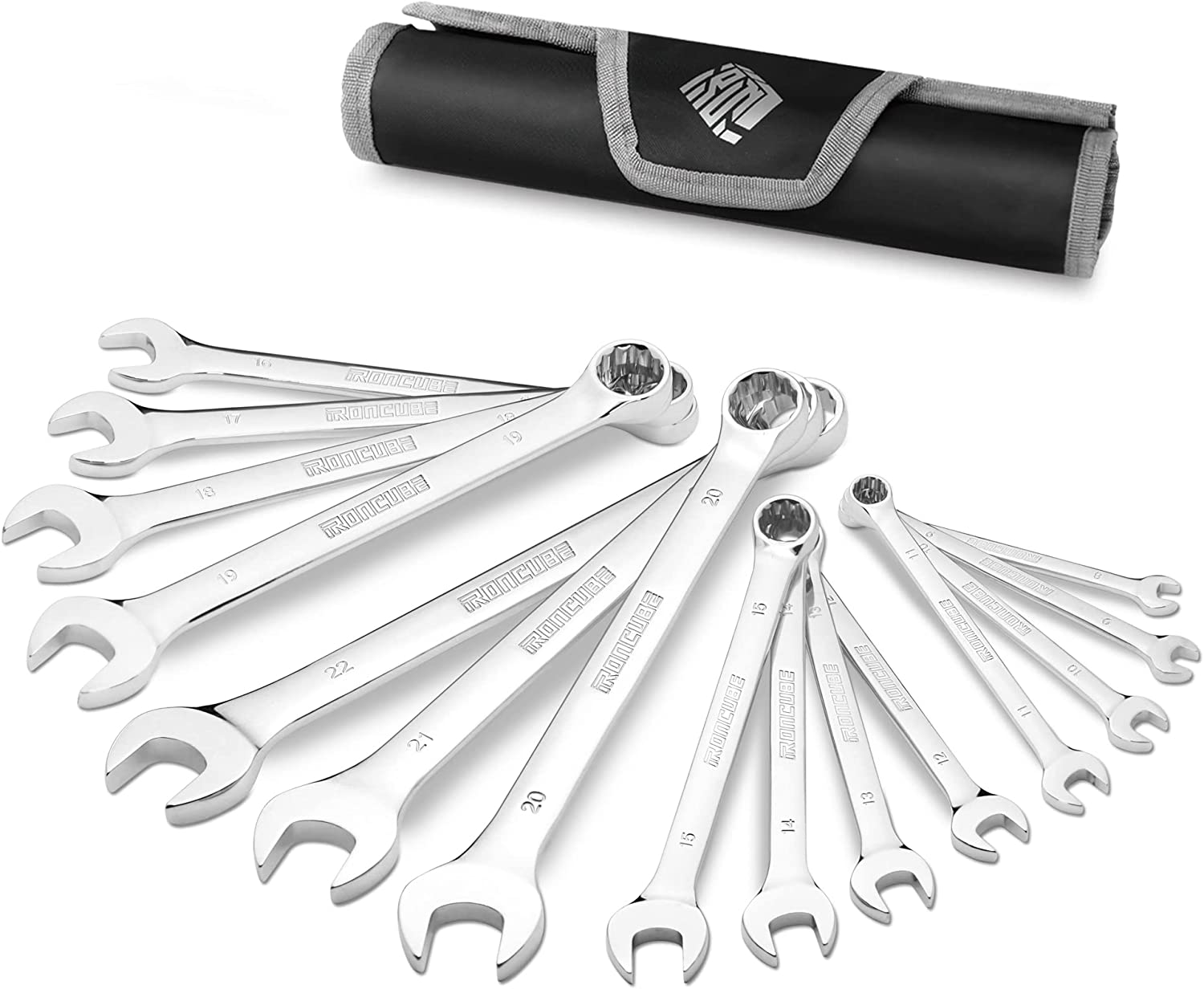 IRONCUBE Combination Wrench Spanner Set Combination Spanner 8-22mm CRV Mirror Finish Car Maintenance Assembly DIY Storage Bag Included 15 Pieces