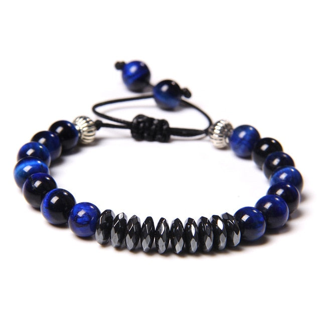 8 mm Natural Chakra Tiger Eye Stone Beads Bracelets Handmade Adjustable Black Rope Bracelet Men Faceted Hematite Pulsera Jewlery