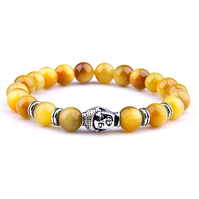 8 mm Royal Blue Tiger Eye Bracelets Men Silver Color Buddha Head Charm Bracelet Women Amulet Vinatge Yellow Stone Beads Pulsera