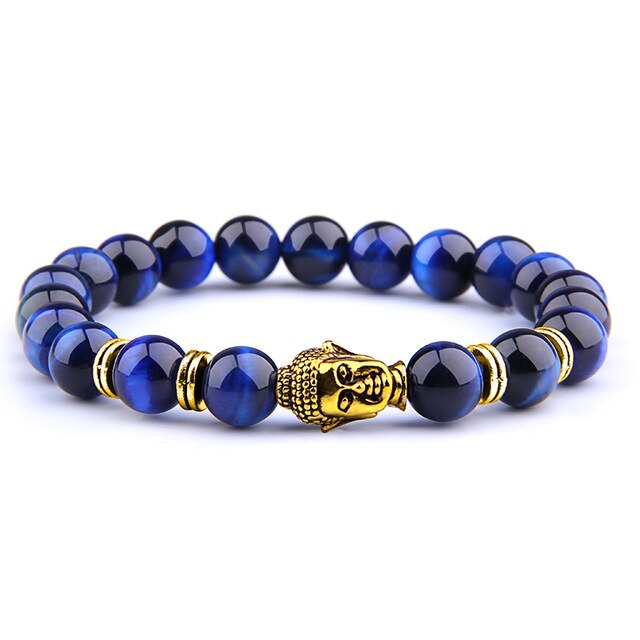8 mm Royal Blue Tiger Eye Bracelets Men Silver Color Buddha Head Charm Bracelet Women Amulet Vinatge Yellow Stone Beads Pulsera