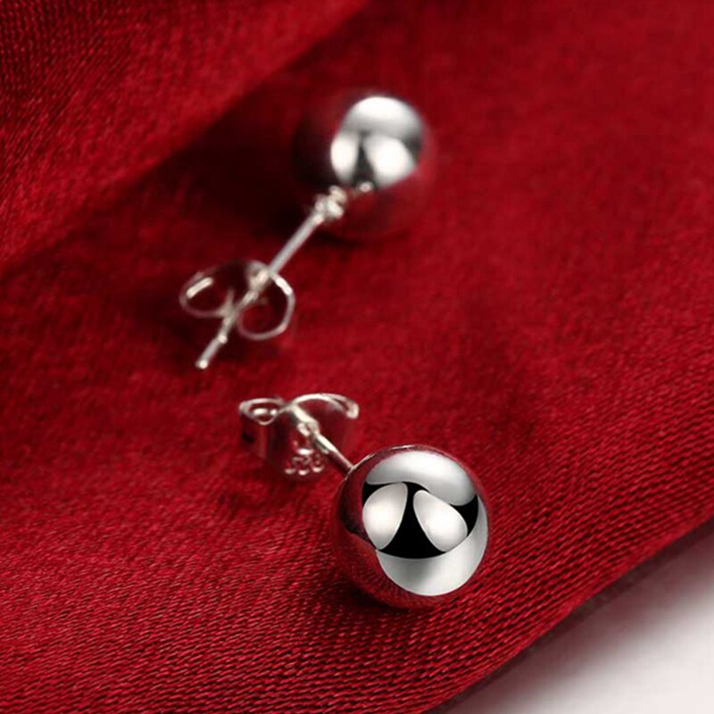925 Silver 8MM Bead Stud Earring Women Smooth Round Ball Earrings Fashion Silver Jewelry