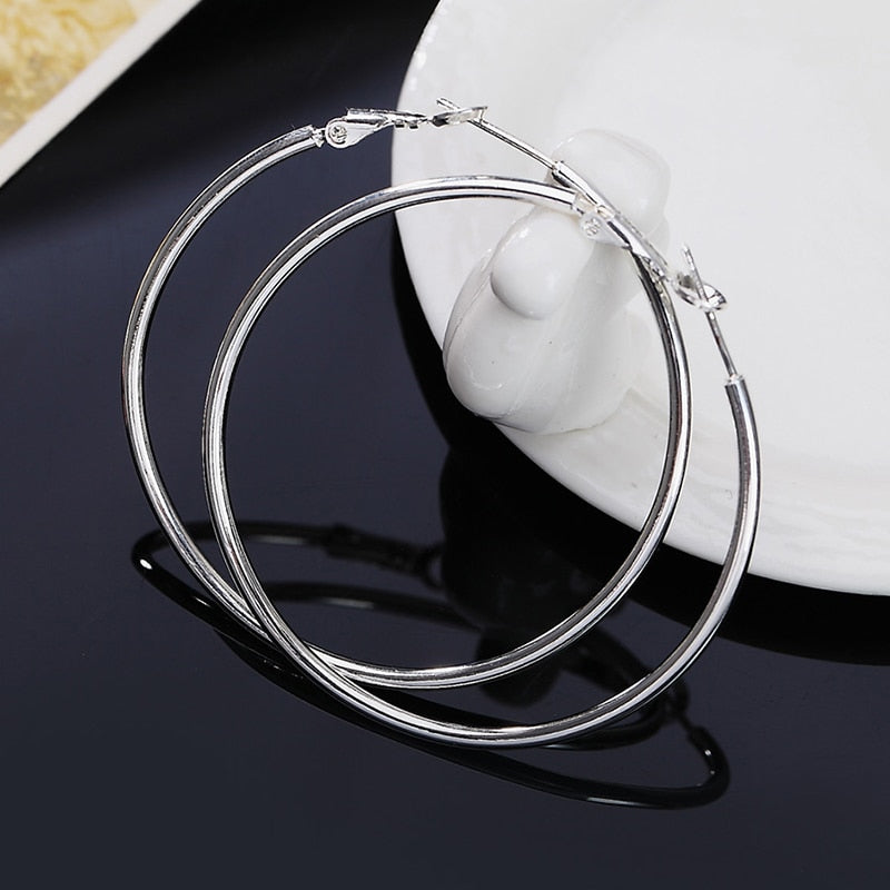 925 Silver Creole Circle Hoop Earrings For Women Men 50MM 60MM 70MM 80MM Fashion Brincos Jewelry