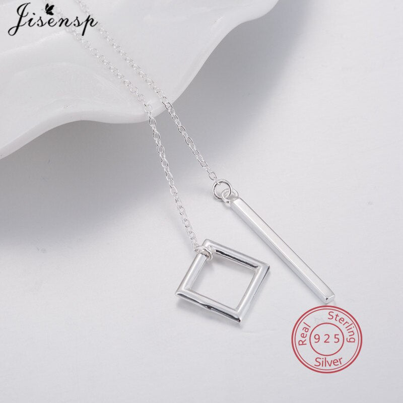 925 Sterling Silver Circle Strip Long Chain Pendant Necklace Fashion Geometric Square with Bar Necklaces Women Choker Gift