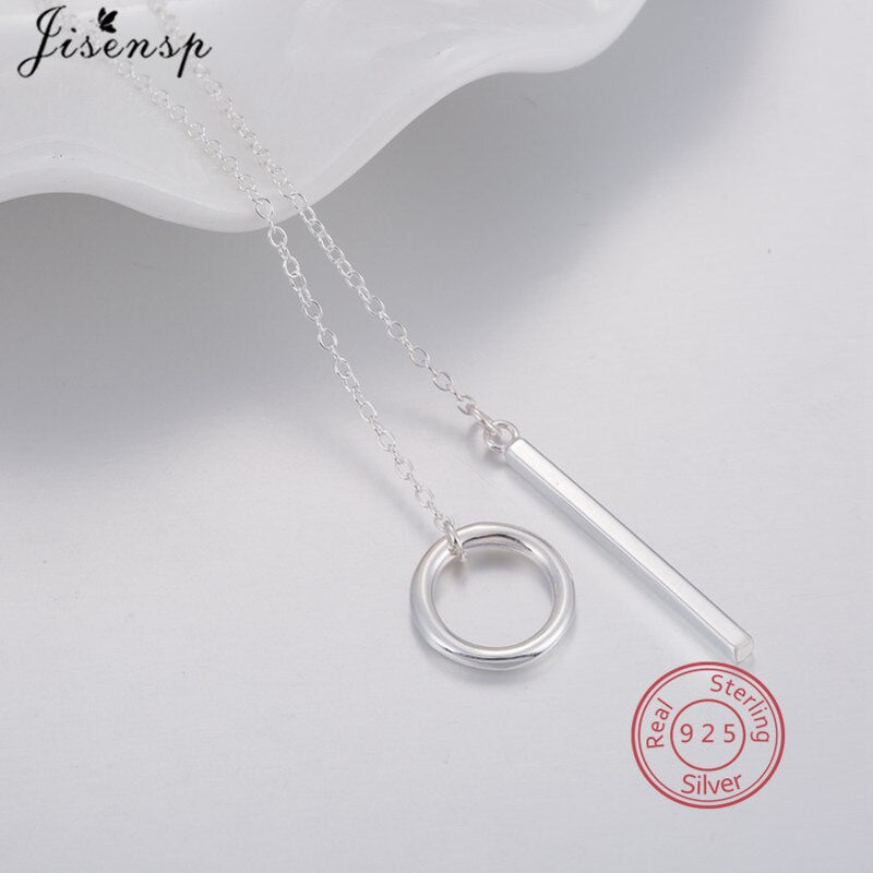 925 Sterling Silver Circle Strip Long Chain Pendant Necklace Fashion Geometric Square with Bar Necklaces Women Choker Gift