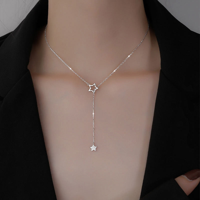 925 Sterling Silver Diamond Star Pendant Necklaces Tassel Clavicle Chain Women Fine Jewelry Accessories for Wedding