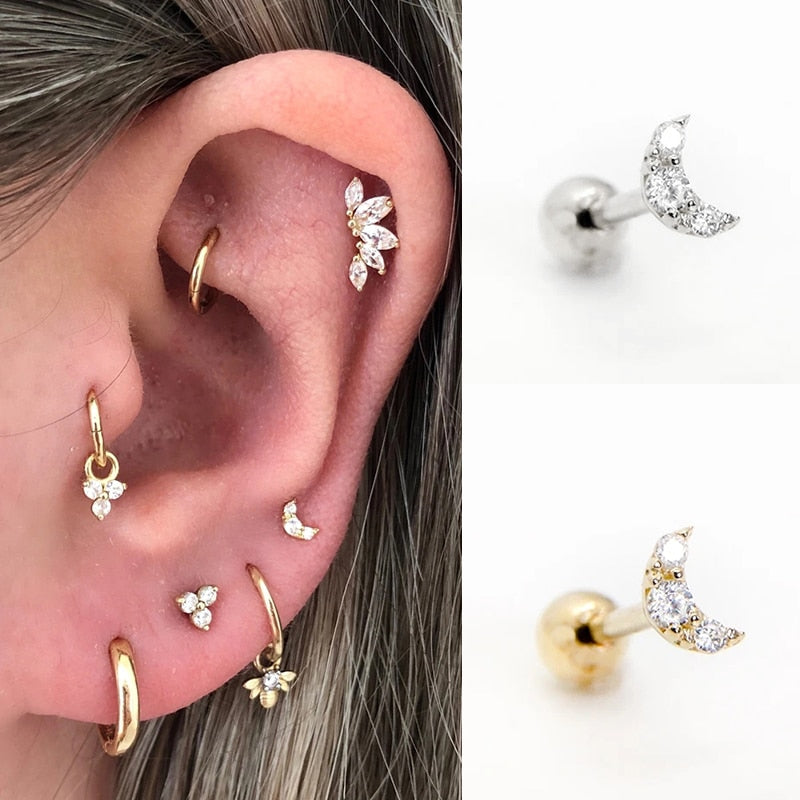 925 Sterling Silver Fine Jewelry Minimalist Glitter Moon Stud Earring For Woman Wedding Anniversary Piercing Pendientes Plata