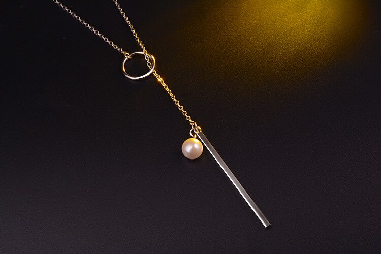 925 Sterling Silver Fine Jewelry Pearl Circle Strip Long Chain Pendant Necklace collares kolye bijoux femme Choker Necklace